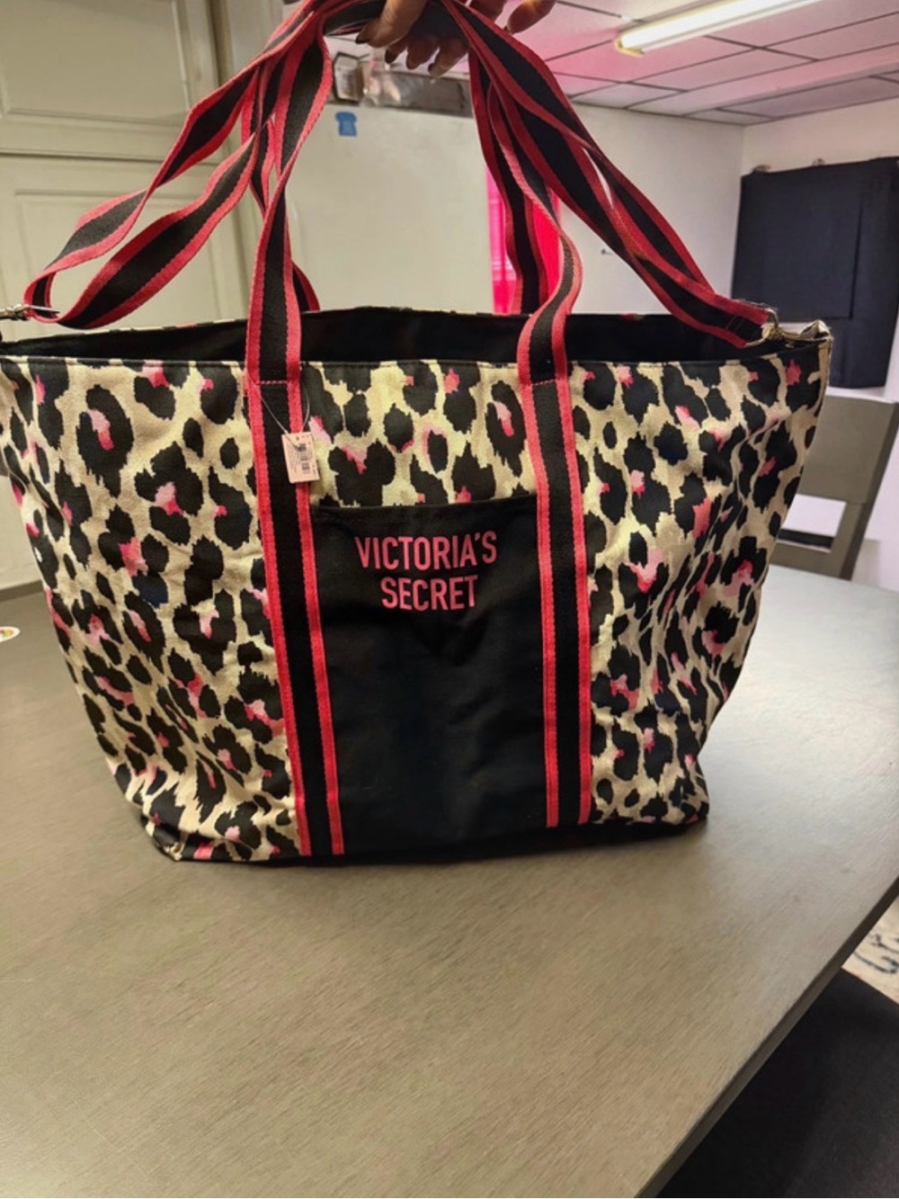Victoria's Secret Black and Pink Leopard-Print Tote